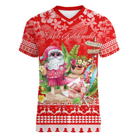 Personalised Hawaii Mele Kalikimaka Women V Neck T Shirt Santa Beach Merry Christmas - Wonder Print Shop