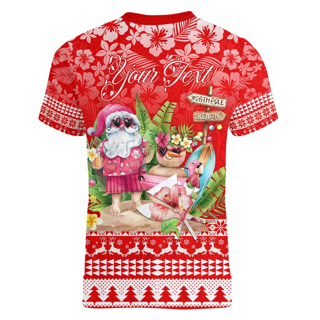 Personalised Hawaii Mele Kalikimaka Women V Neck T Shirt Santa Beach Merry Christmas - Wonder Print Shop