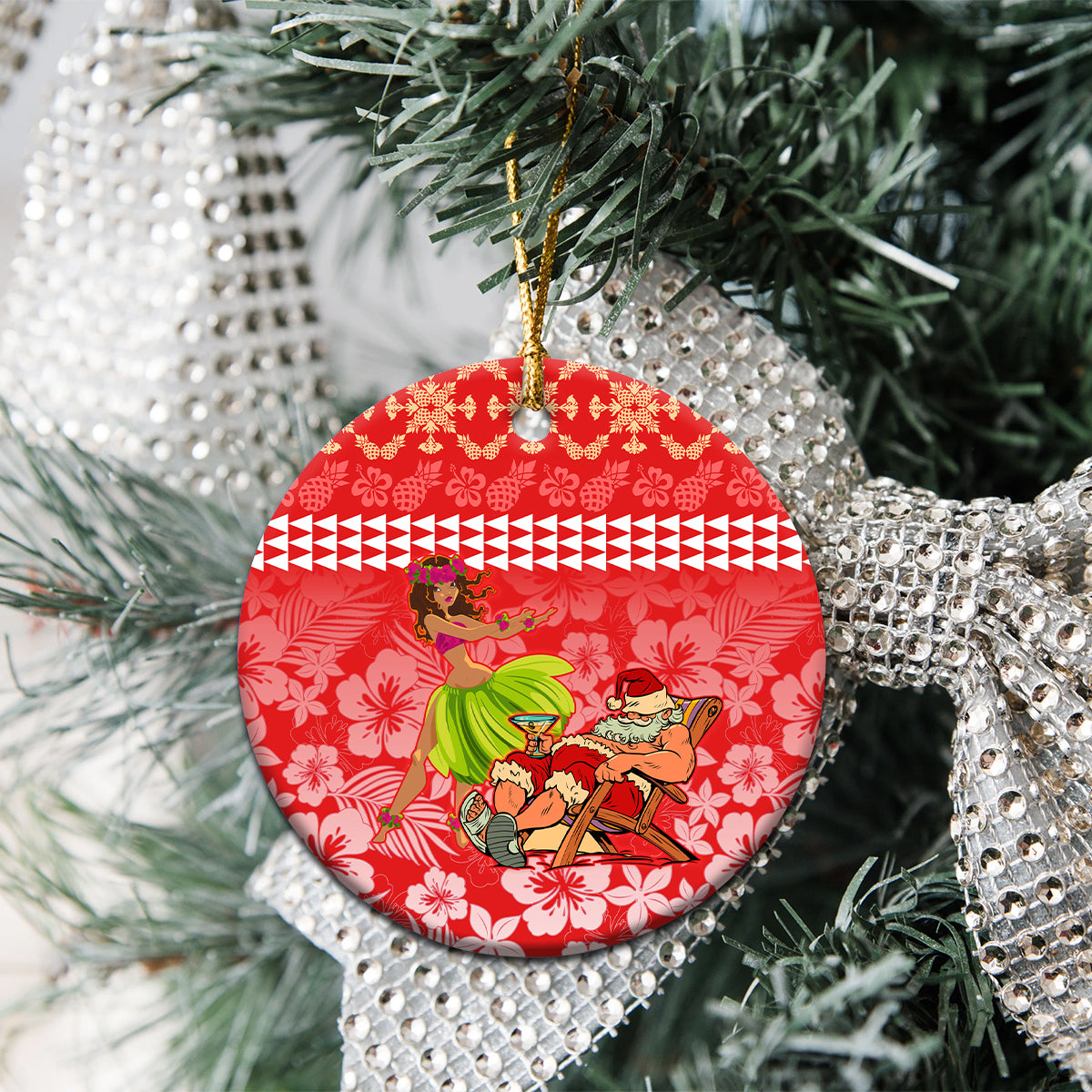 Hawaii Mele Kalikimaka Ceramic Ornament Santa Claus and Hula Dancing Merry Christmas LT9 - Wonder Print Shop