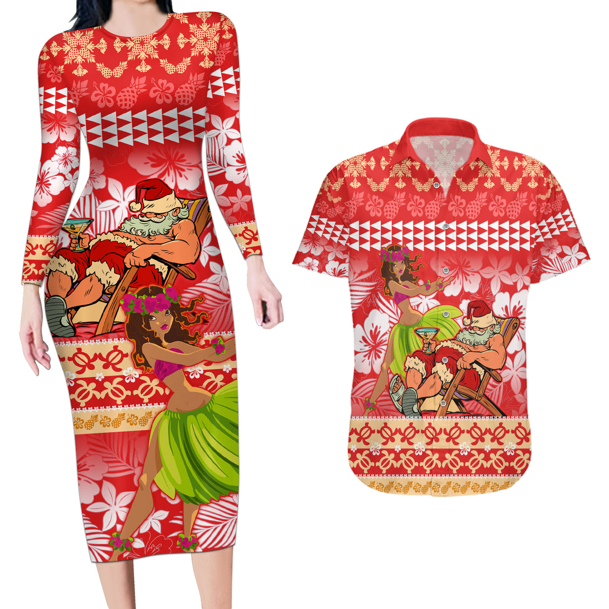 Hawaii Mele Kalikimaka Couples Matching Long Sleeve Bodycon Dress and Hawaiian Shirt Santa Claus and Hula Dancing Merry Christmas LT9 - Wonder Print Shop
