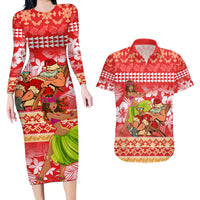 Hawaii Mele Kalikimaka Couples Matching Long Sleeve Bodycon Dress and Hawaiian Shirt Santa Claus and Hula Dancing Merry Christmas LT9 - Wonder Print Shop