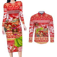 Hawaii Mele Kalikimaka Couples Matching Long Sleeve Bodycon Dress and Long Sleeve Button Shirt Santa Claus and Hula Dancing Merry Christmas LT9 - Wonder Print Shop