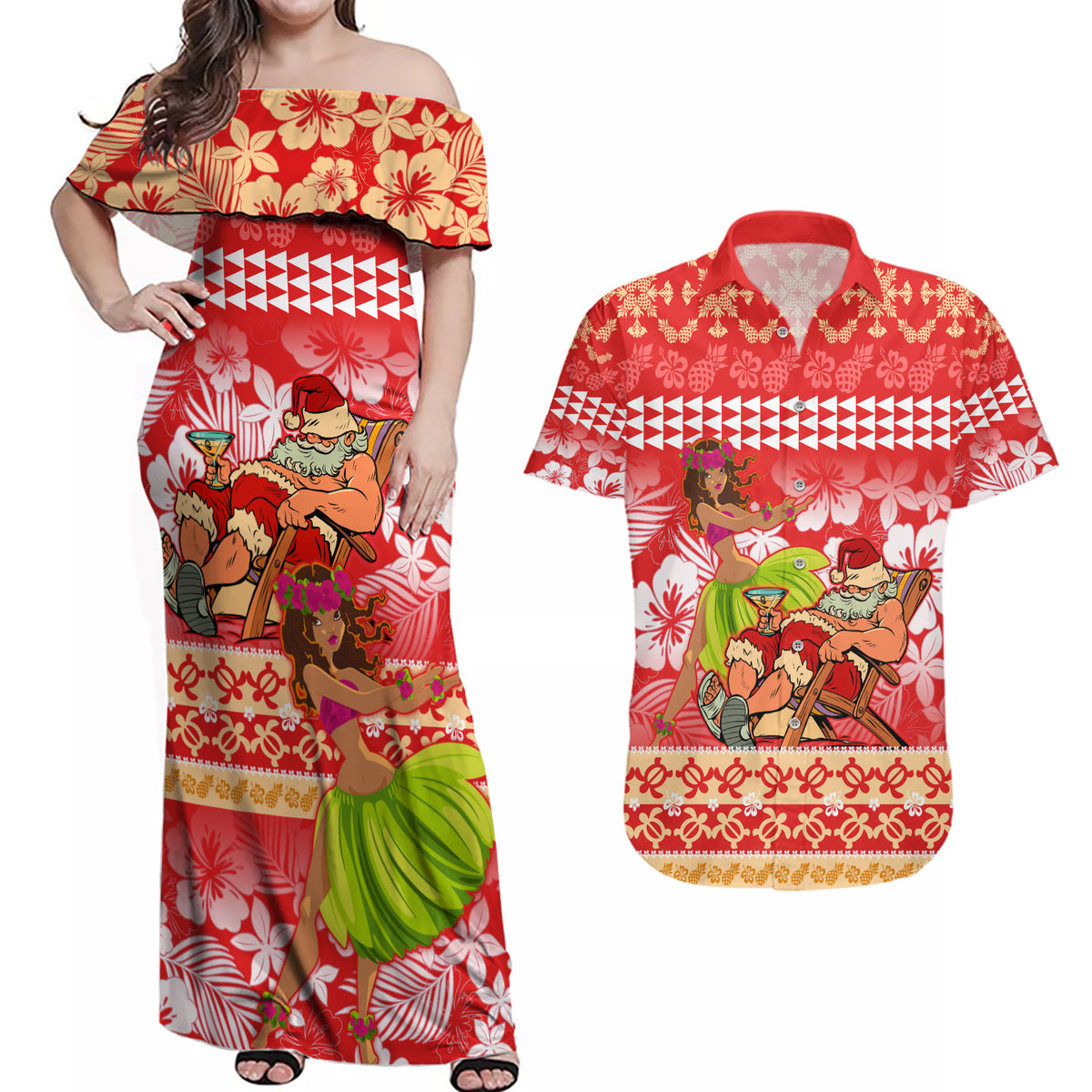 Hawaii Mele Kalikimaka Couples Matching Off Shoulder Maxi Dress and Hawaiian Shirt Santa Claus and Hula Dancing Merry Christmas LT9 - Wonder Print Shop