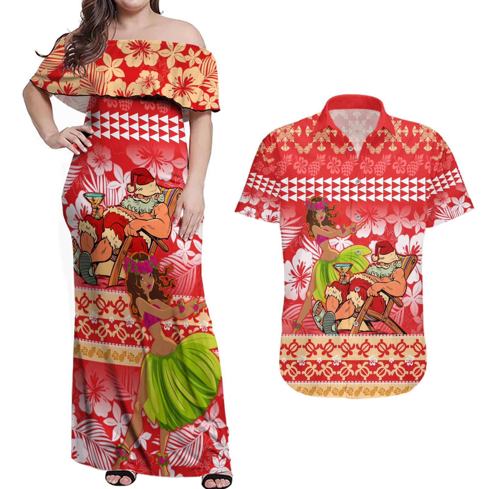 Hawaii Mele Kalikimaka Couples Matching Off Shoulder Maxi Dress and Hawaiian Shirt Santa Claus and Hula Dancing Merry Christmas LT9 - Wonder Print Shop