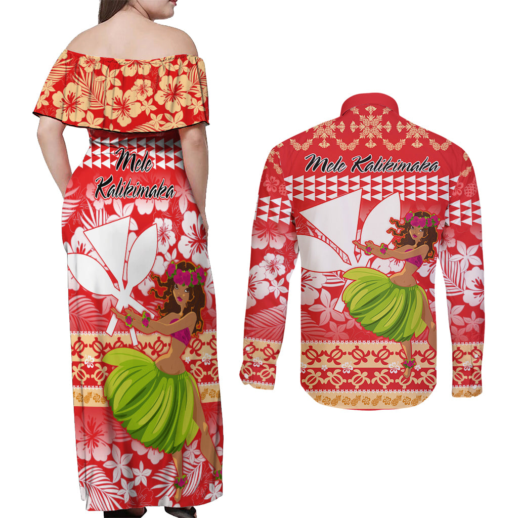 Hawaii Mele Kalikimaka Couples Matching Off Shoulder Maxi Dress and Long Sleeve Button Shirt Santa Claus and Hula Dancing Merry Christmas LT9 - Wonder Print Shop