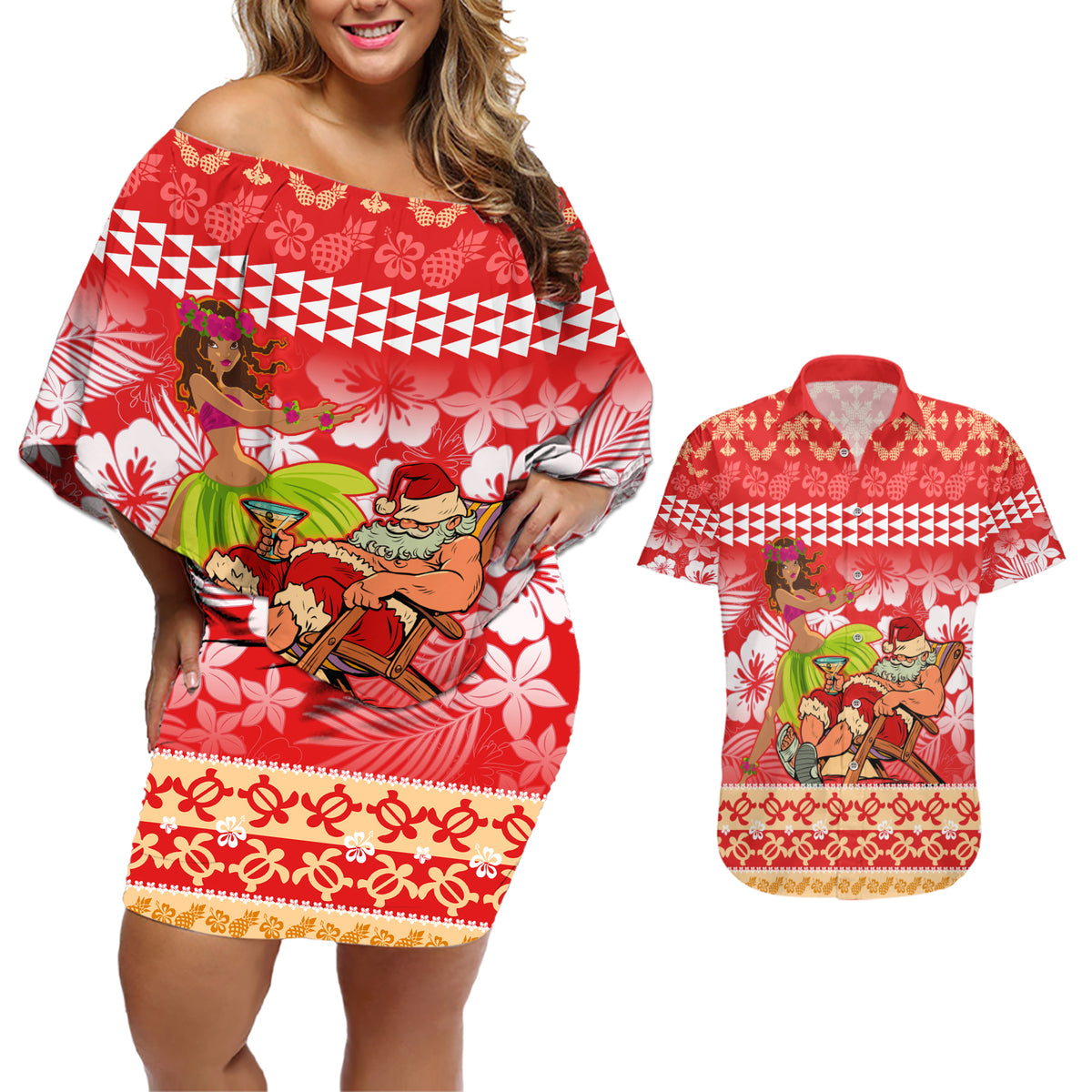 Hawaii Mele Kalikimaka Couples Matching Off Shoulder Short Dress and Hawaiian Shirt Santa Claus and Hula Dancing Merry Christmas LT9 - Wonder Print Shop