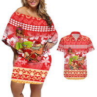 Hawaii Mele Kalikimaka Couples Matching Off Shoulder Short Dress and Hawaiian Shirt Santa Claus and Hula Dancing Merry Christmas LT9 - Wonder Print Shop