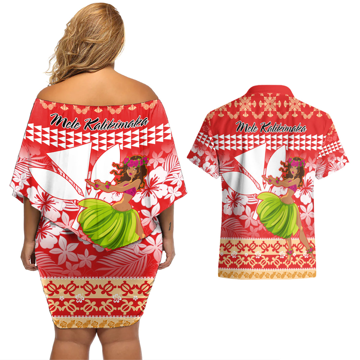 Hawaii Mele Kalikimaka Couples Matching Off Shoulder Short Dress and Hawaiian Shirt Santa Claus and Hula Dancing Merry Christmas LT9 - Wonder Print Shop