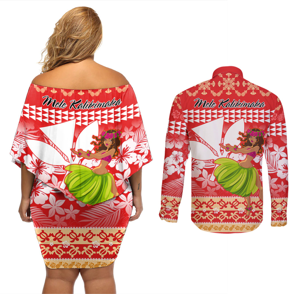 Hawaii Mele Kalikimaka Couples Matching Off Shoulder Short Dress and Long Sleeve Button Shirt Santa Claus and Hula Dancing Merry Christmas LT9 - Wonder Print Shop