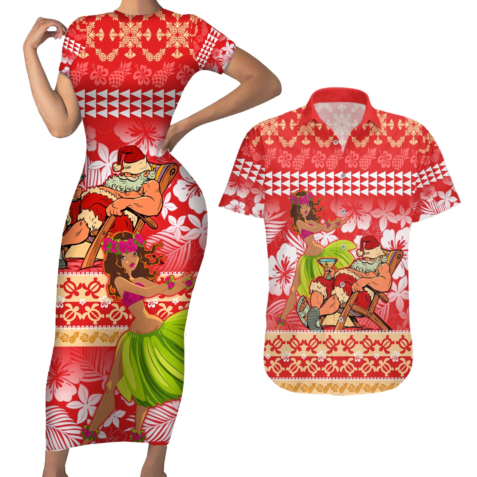 Hawaii Mele Kalikimaka Couples Matching Short Sleeve Bodycon Dress and Hawaiian Shirt Santa Claus and Hula Dancing Merry Christmas LT9 - Wonder Print Shop