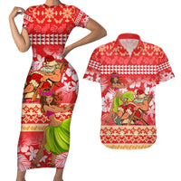 Hawaii Mele Kalikimaka Couples Matching Short Sleeve Bodycon Dress and Hawaiian Shirt Santa Claus and Hula Dancing Merry Christmas LT9 - Wonder Print Shop
