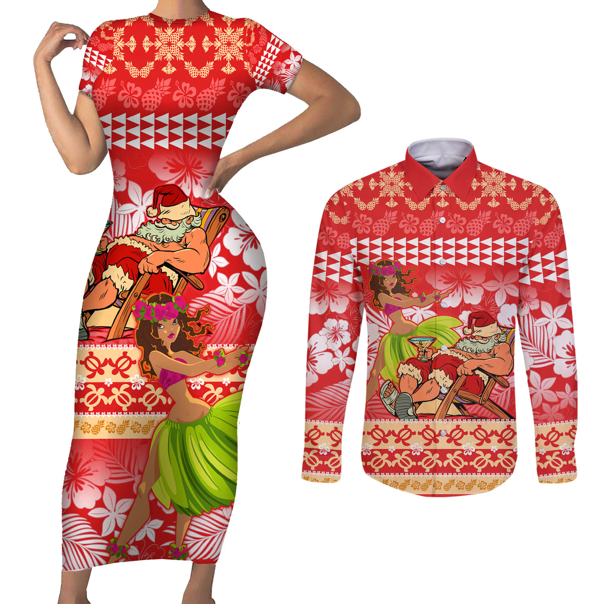 Hawaii Mele Kalikimaka Couples Matching Short Sleeve Bodycon Dress and Long Sleeve Button Shirt Santa Claus and Hula Dancing Merry Christmas LT9 - Wonder Print Shop