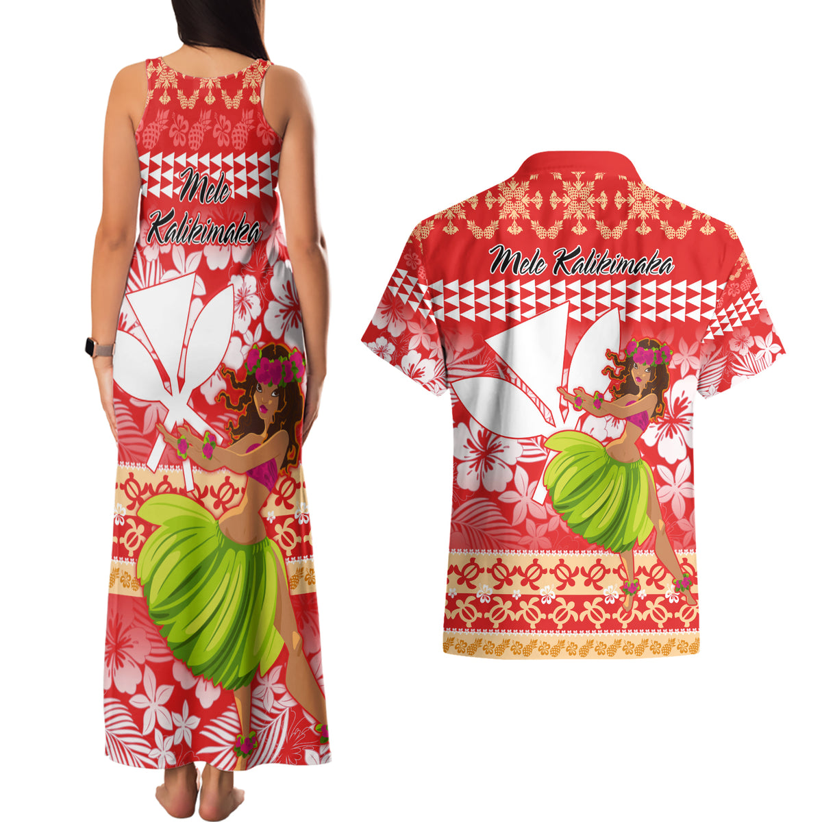 Hawaii Mele Kalikimaka Couples Matching Tank Maxi Dress and Hawaiian Shirt Santa Claus and Hula Dancing Merry Christmas LT9 - Wonder Print Shop