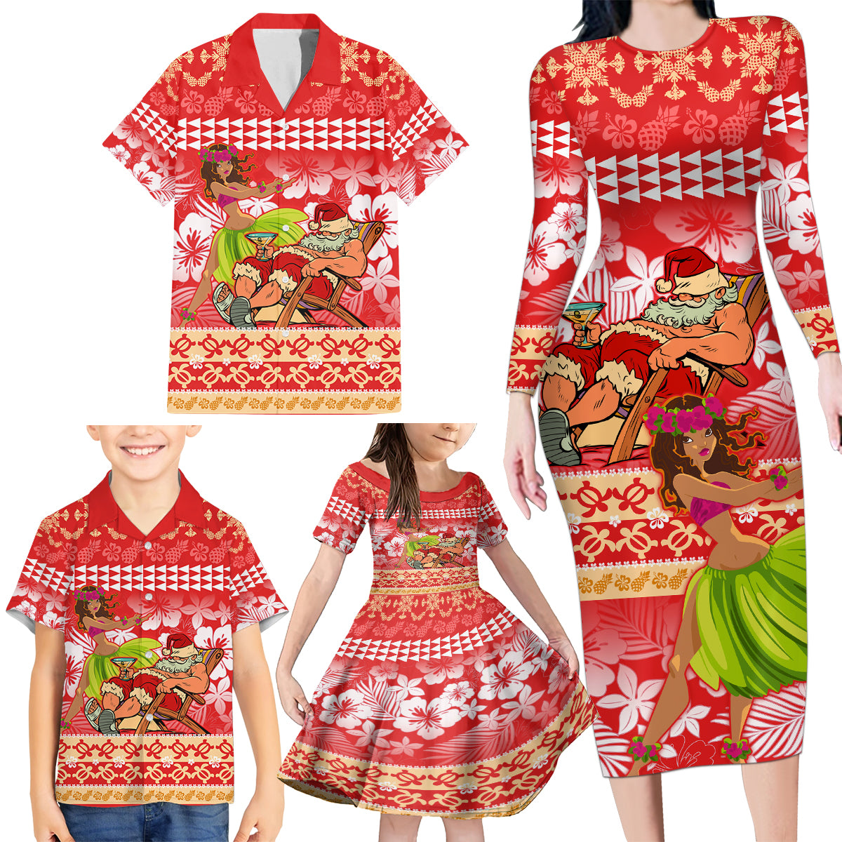 Hawaii Mele Kalikimaka Family Matching Long Sleeve Bodycon Dress and Hawaiian Shirt Santa Claus and Hula Dancing Merry Christmas LT9 - Wonder Print Shop