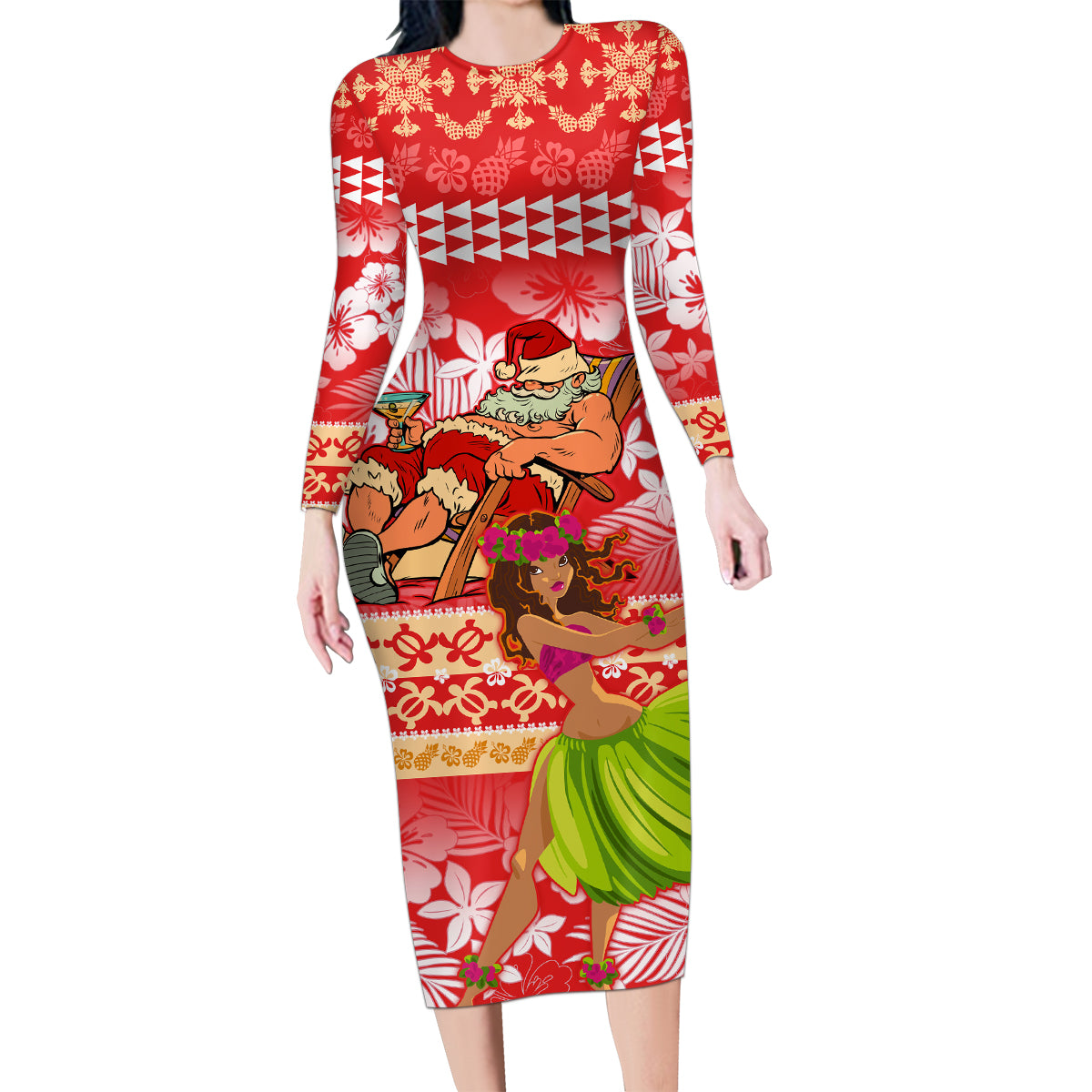 Hawaii Mele Kalikimaka Family Matching Long Sleeve Bodycon Dress and Hawaiian Shirt Santa Claus and Hula Dancing Merry Christmas LT9 - Wonder Print Shop
