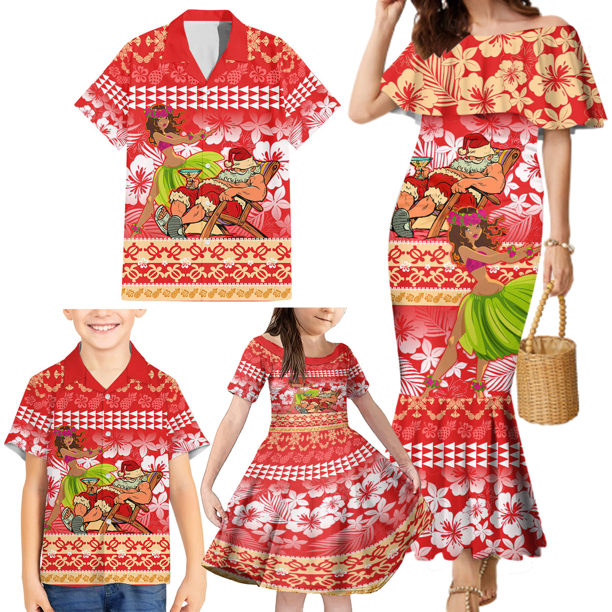 Hawaii Mele Kalikimaka Family Matching Mermaid Dress and Hawaiian Shirt Santa Claus and Hula Dancing Merry Christmas LT9 - Wonder Print Shop