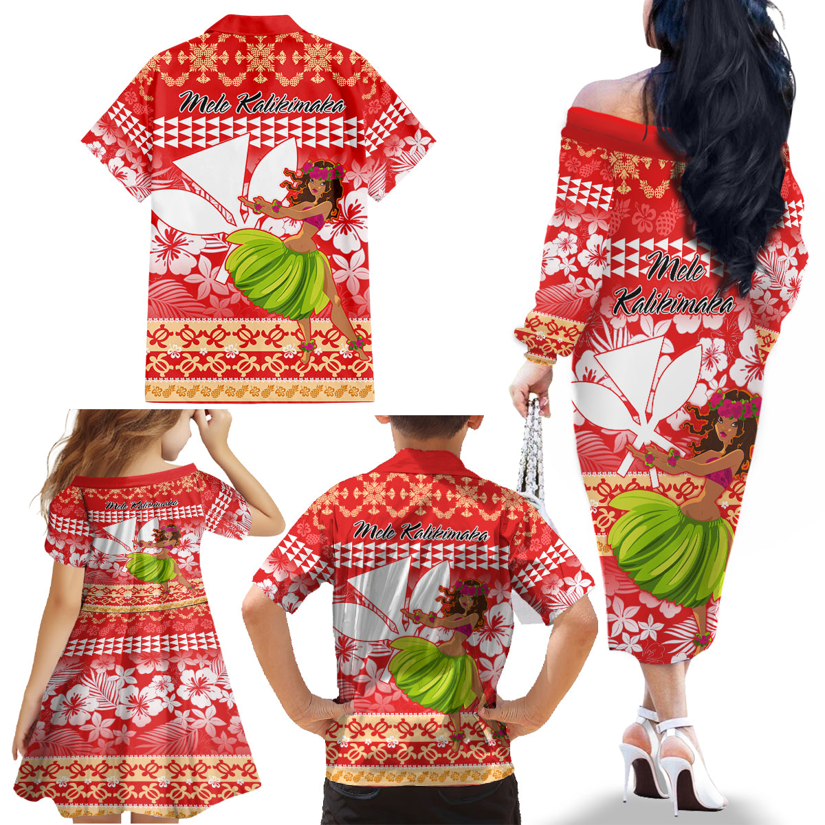 Hawaii Mele Kalikimaka Family Matching Off Shoulder Long Sleeve Dress and Hawaiian Shirt Santa Claus and Hula Dancing Merry Christmas - Wonder Print Shop