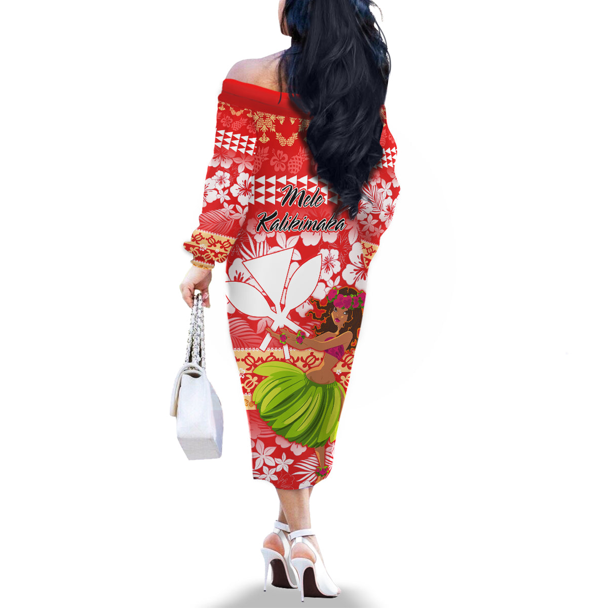 Hawaii Mele Kalikimaka Family Matching Off Shoulder Long Sleeve Dress and Hawaiian Shirt Santa Claus and Hula Dancing Merry Christmas - Wonder Print Shop