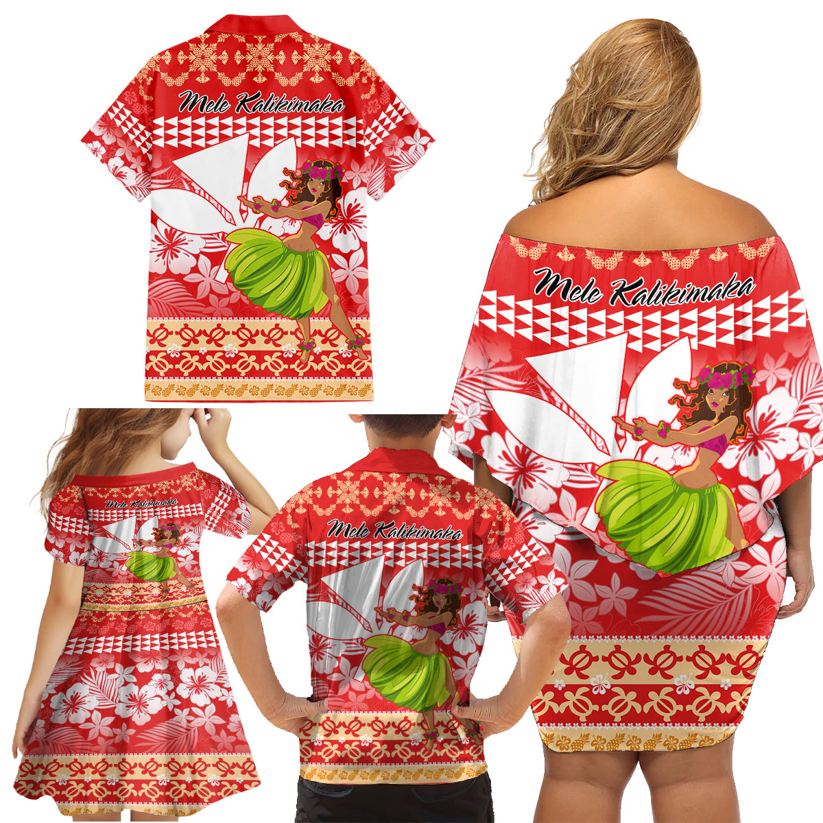 Hawaii Mele Kalikimaka Family Matching Off Shoulder Short Dress and Hawaiian Shirt Santa Claus and Hula Dancing Merry Christmas LT9 - Wonder Print Shop