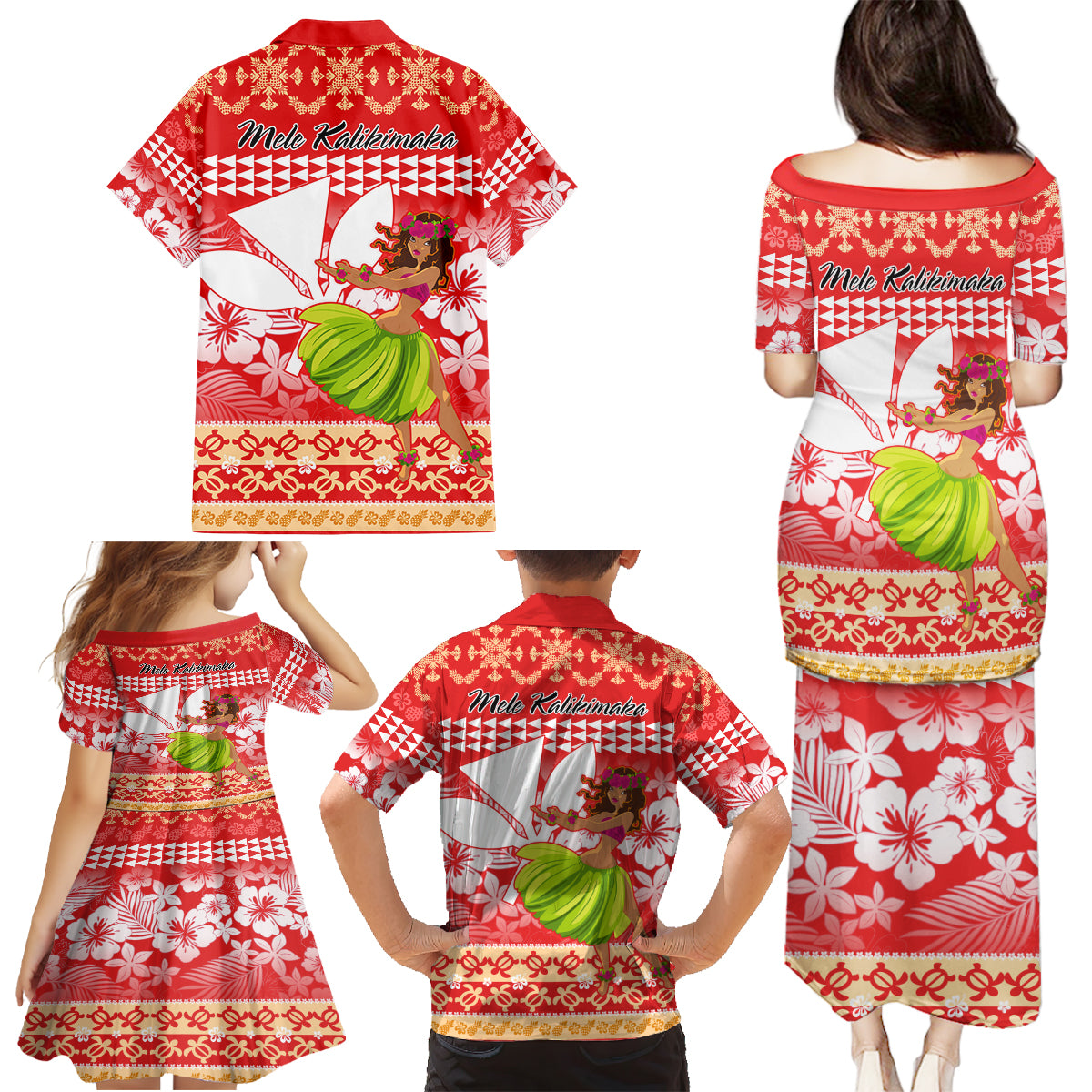 Hawaii Mele Kalikimaka Family Matching Puletasi Dress and Hawaiian Shirt Santa Claus and Hula Dancing Merry Christmas - Wonder Print Shop