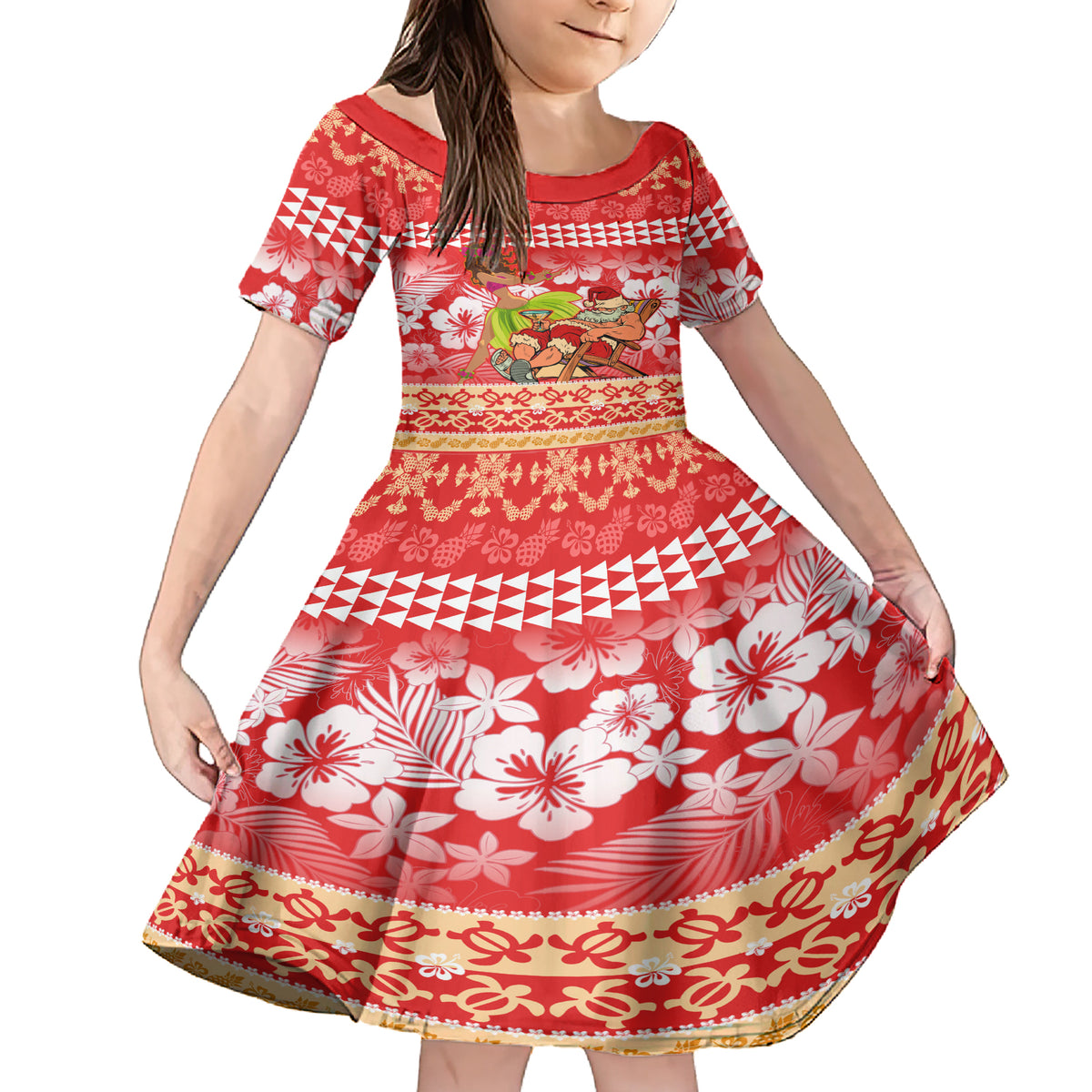 Hawaii Mele Kalikimaka Family Matching Short Sleeve Bodycon Dress and Hawaiian Shirt Santa Claus and Hula Dancing Merry Christmas - Wonder Print Shop