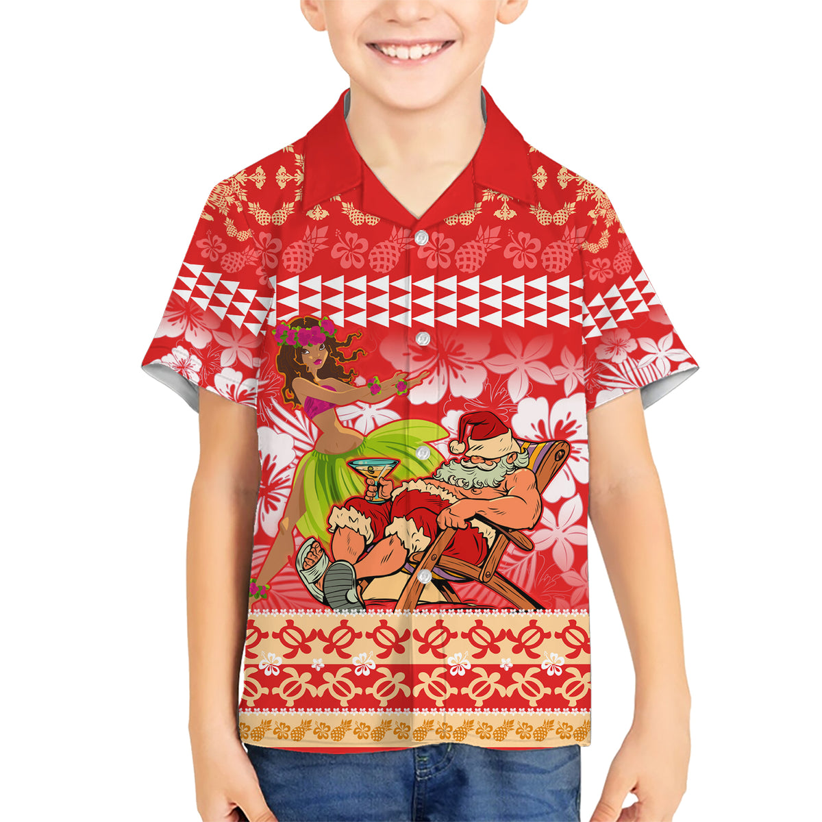 Hawaii Mele Kalikimaka Family Matching Short Sleeve Bodycon Dress and Hawaiian Shirt Santa Claus and Hula Dancing Merry Christmas - Wonder Print Shop