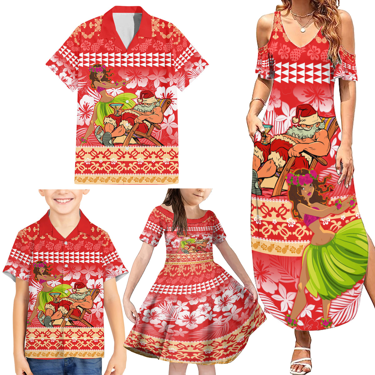 Hawaii Mele Kalikimaka Family Matching Summer Maxi Dress and Hawaiian Shirt Santa Claus and Hula Dancing Merry Christmas - Wonder Print Shop
