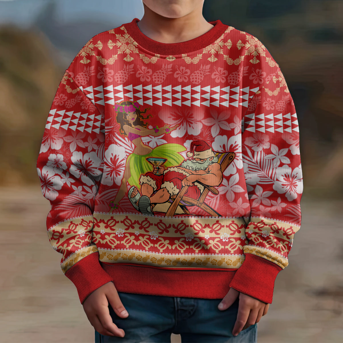 Hawaii Mele Kalikimaka Kid Ugly Christmas Sweater Santa Claus and Hula Dancing Merry Christmas - Wonder Print Shop