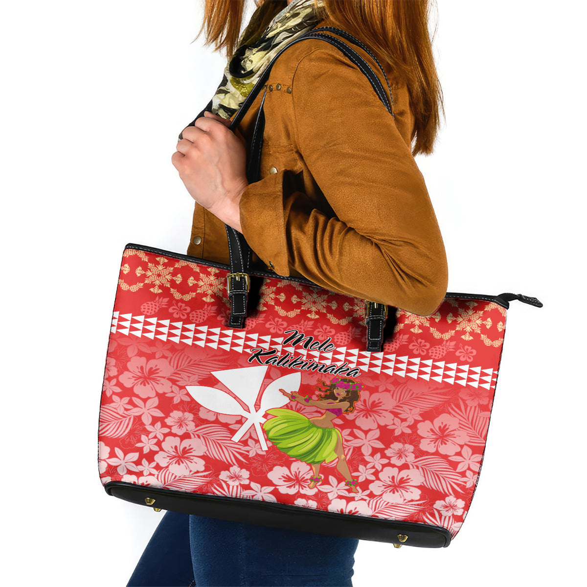 Hawaii Mele Kalikimaka Leather Tote Bag Santa Claus and Hula Dancing Merry Christmas - Wonder Print Shop