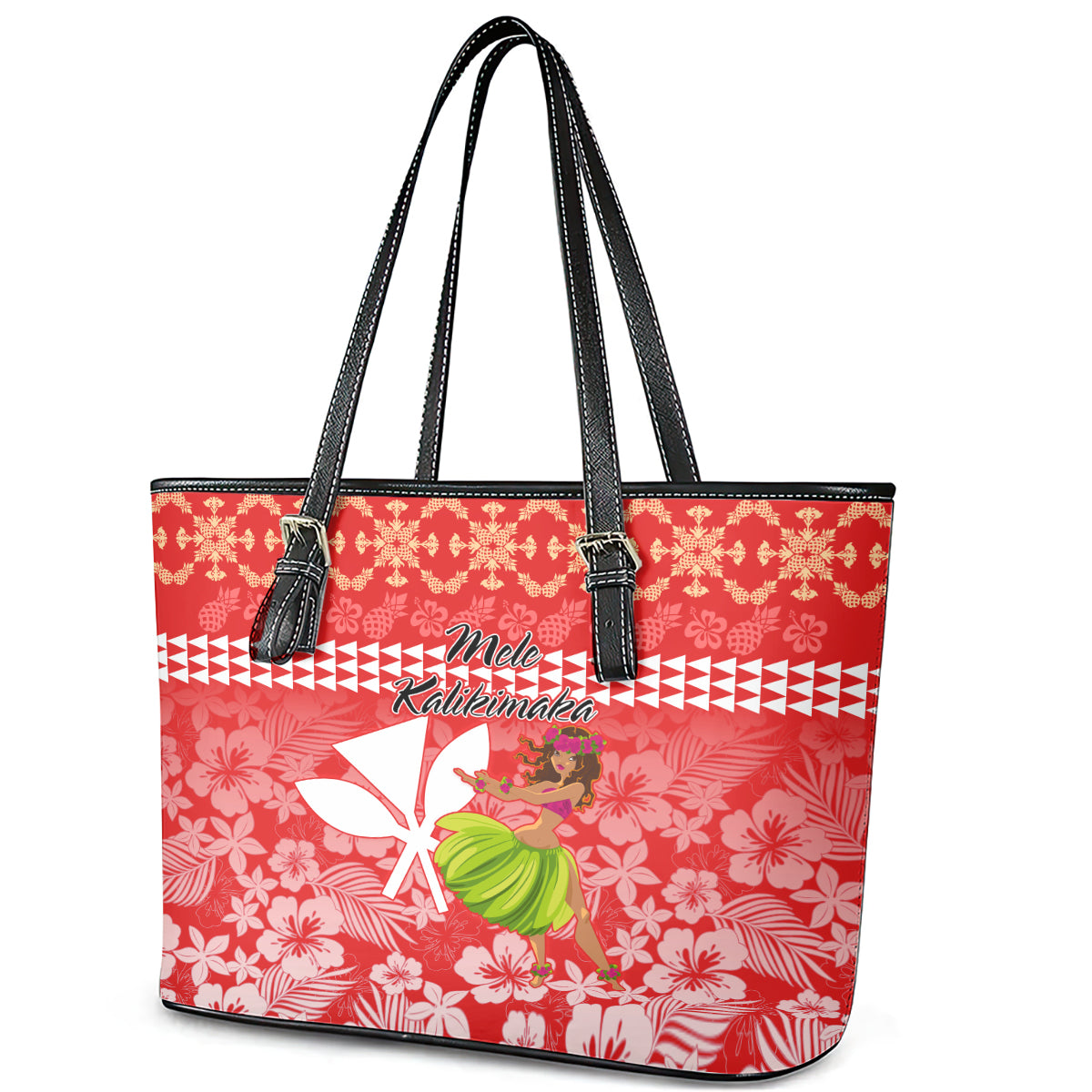 Hawaii Mele Kalikimaka Leather Tote Bag Santa Claus and Hula Dancing Merry Christmas - Wonder Print Shop