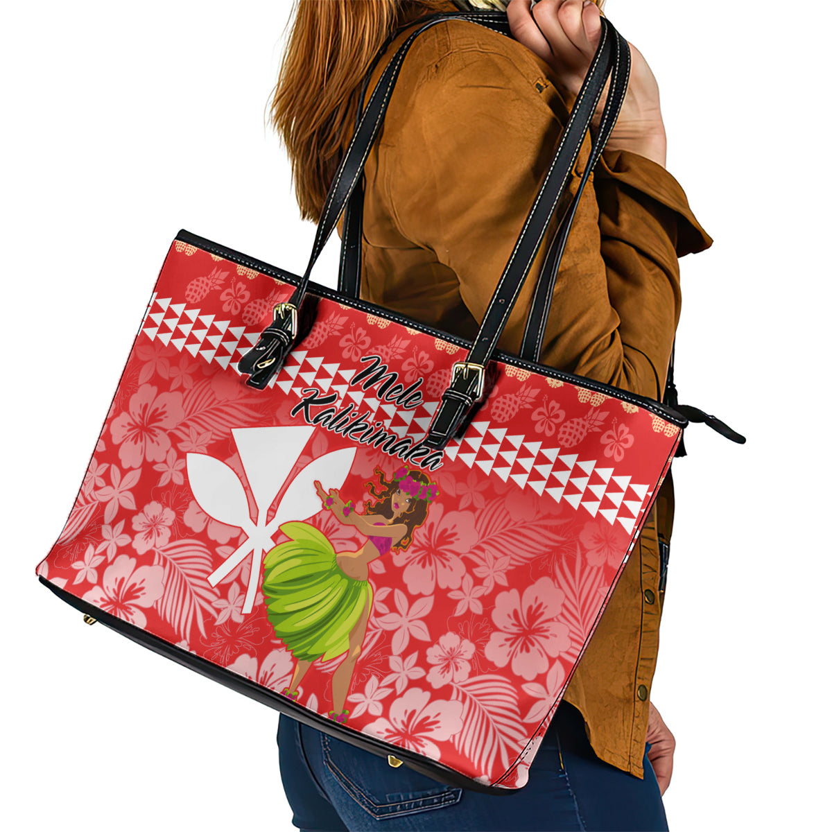 Hawaii Mele Kalikimaka Leather Tote Bag Santa Claus and Hula Dancing Merry Christmas - Wonder Print Shop