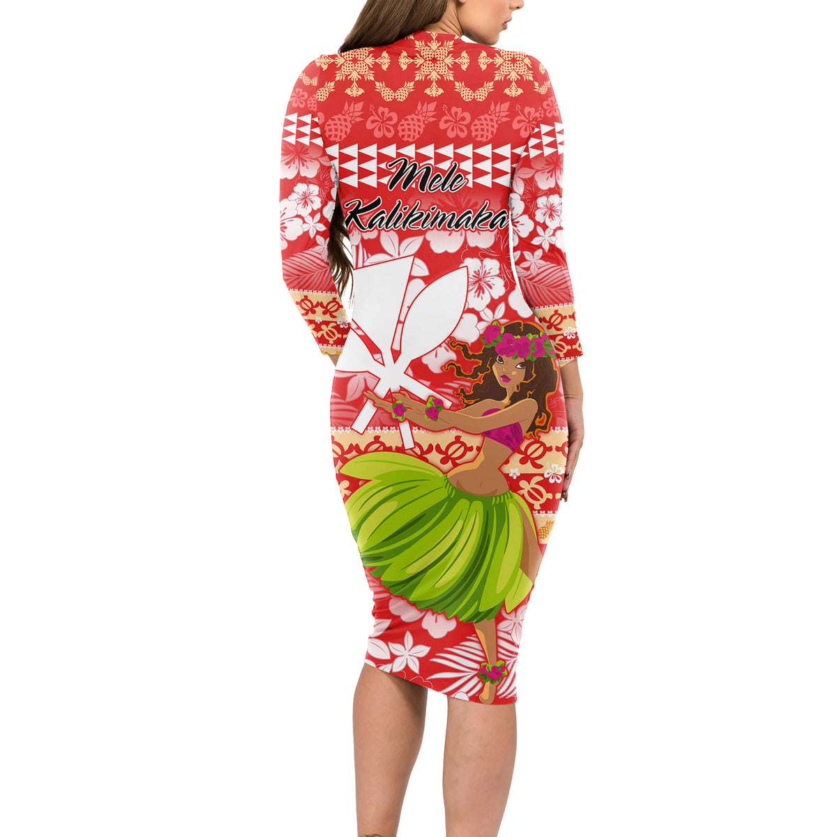 Hawaii Mele Kalikimaka Long Sleeve Bodycon Dress Santa Claus and Hula Dancing Merry Christmas - Wonder Print Shop