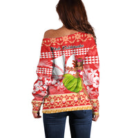 Hawaii Mele Kalikimaka Off Shoulder Sweater Santa Claus and Hula Dancing Merry Christmas - Wonder Print Shop
