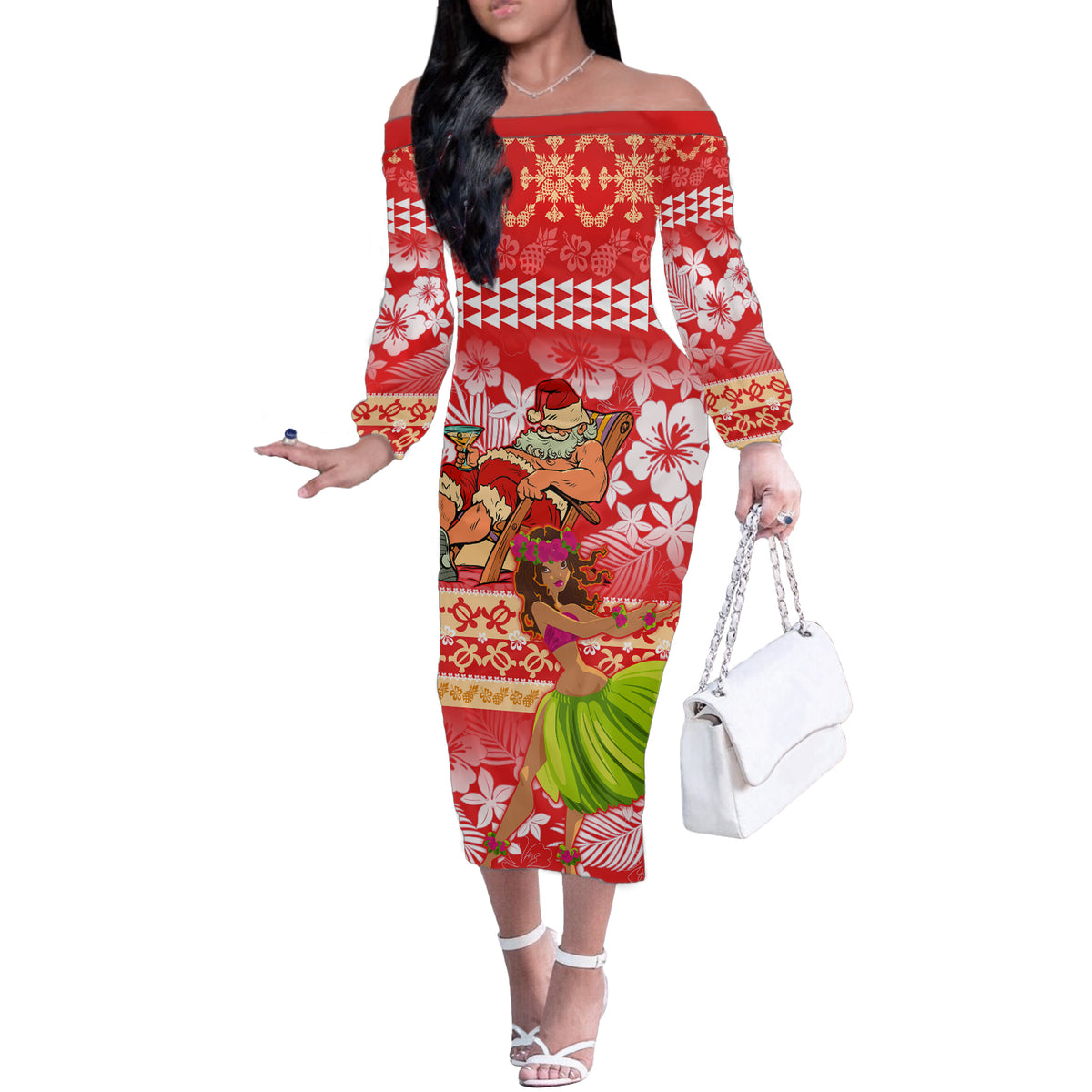 Hawaii Mele Kalikimaka Off The Shoulder Long Sleeve Dress Santa Claus and Hula Dancing Merry Christmas - Wonder Print Shop