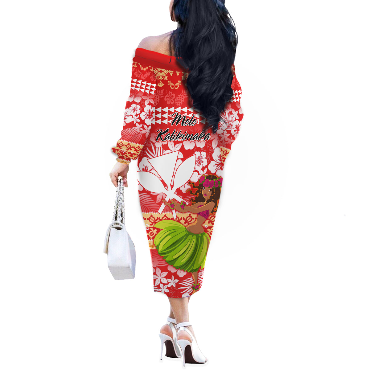 Hawaii Mele Kalikimaka Off The Shoulder Long Sleeve Dress Santa Claus and Hula Dancing Merry Christmas - Wonder Print Shop