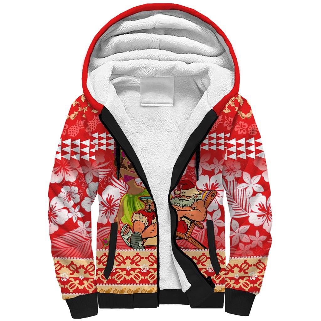 Hawaii Mele Kalikimaka Sherpa Hoodie Santa Claus and Hula Dancing Merry Christmas - Wonder Print Shop
