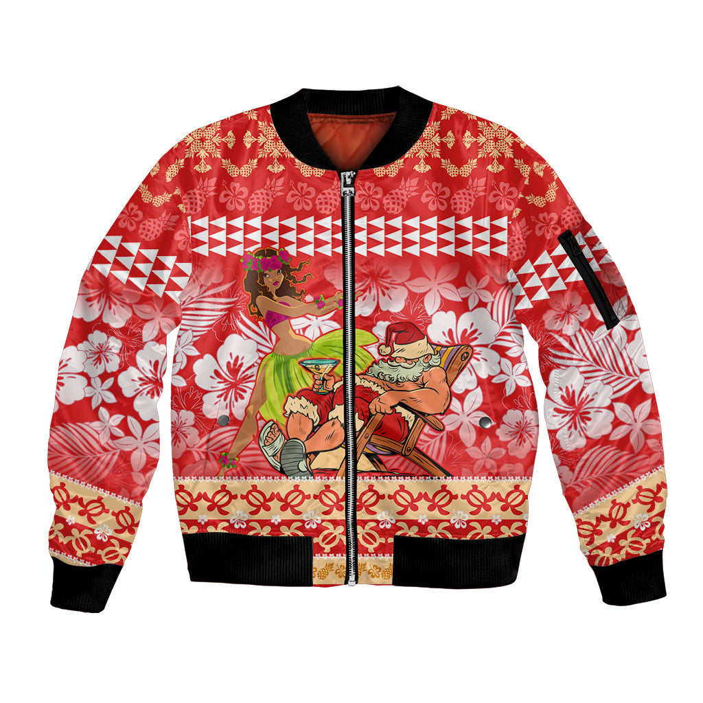 Hawaii Mele Kalikimaka Sleeve Zip Bomber Jacket Santa Claus and Hula Dancing Merry Christmas - Wonder Print Shop