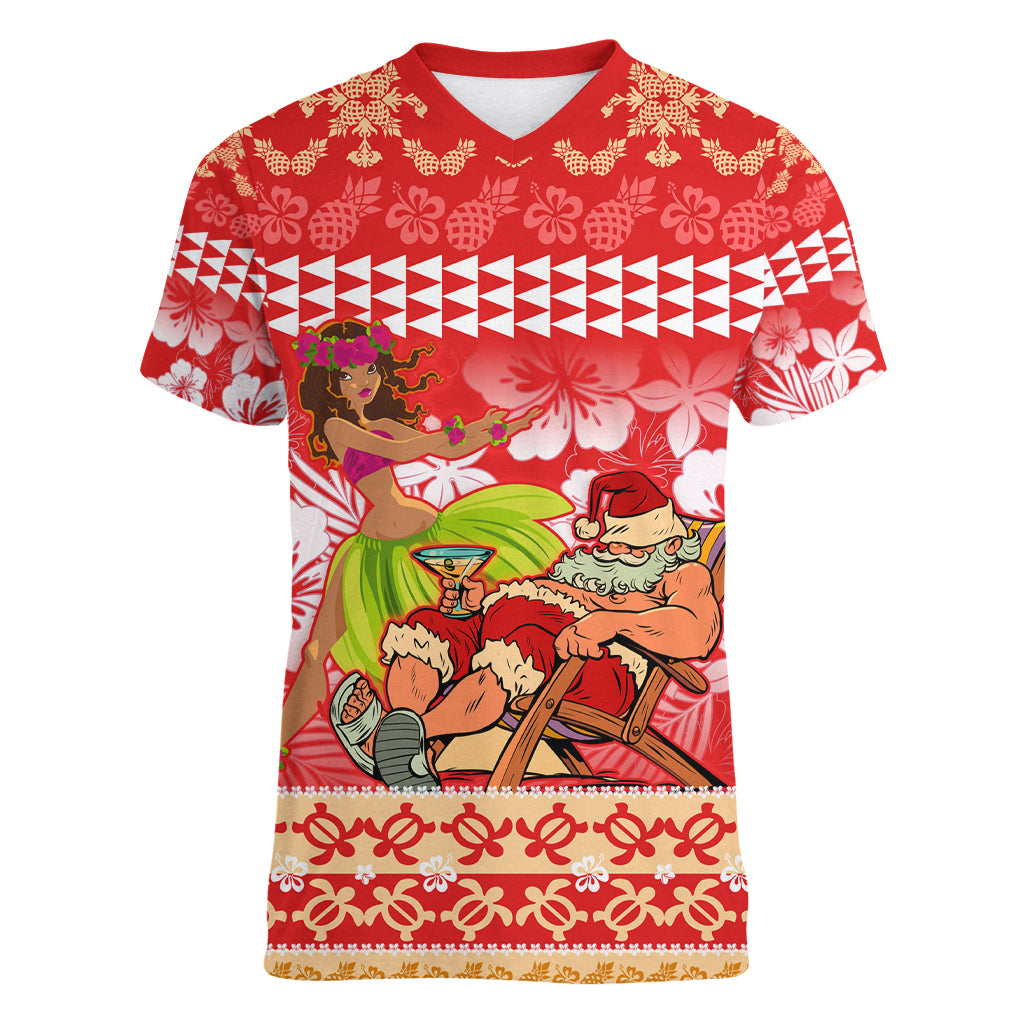 Hawaii Mele Kalikimaka Women V Neck T Shirt Santa Claus and Hula Dancing Merry Christmas - Wonder Print Shop