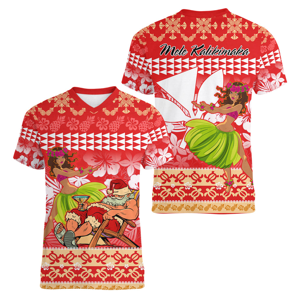 Hawaii Mele Kalikimaka Women V Neck T Shirt Santa Claus and Hula Dancing Merry Christmas - Wonder Print Shop