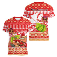 Hawaii Mele Kalikimaka Women V Neck T Shirt Santa Claus and Hula Dancing Merry Christmas - Wonder Print Shop