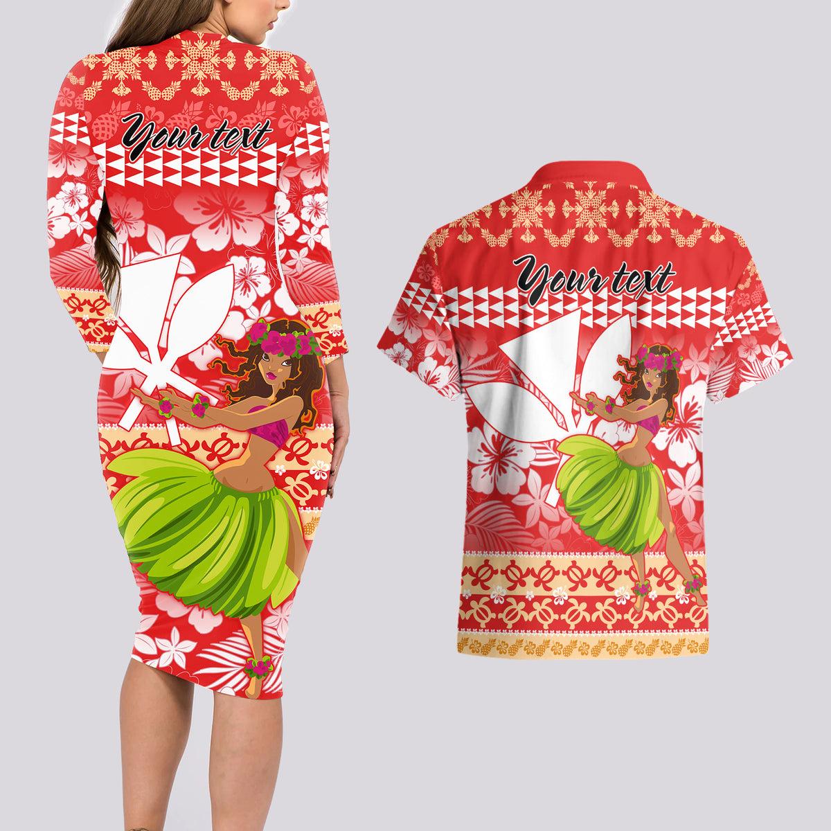 Personalised Hawaii Mele Kalikimaka Couples Matching Long Sleeve Bodycon Dress and Hawaiian Shirt Santa Claus and Hula Dancing Merry Christmas LT9 - Wonder Print Shop