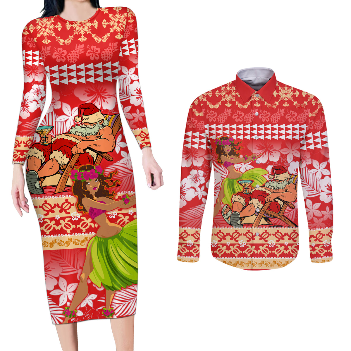 Personalised Hawaii Mele Kalikimaka Couples Matching Long Sleeve Bodycon Dress and Long Sleeve Button Shirt Santa Claus and Hula Dancing Merry Christmas LT9 - Wonder Print Shop