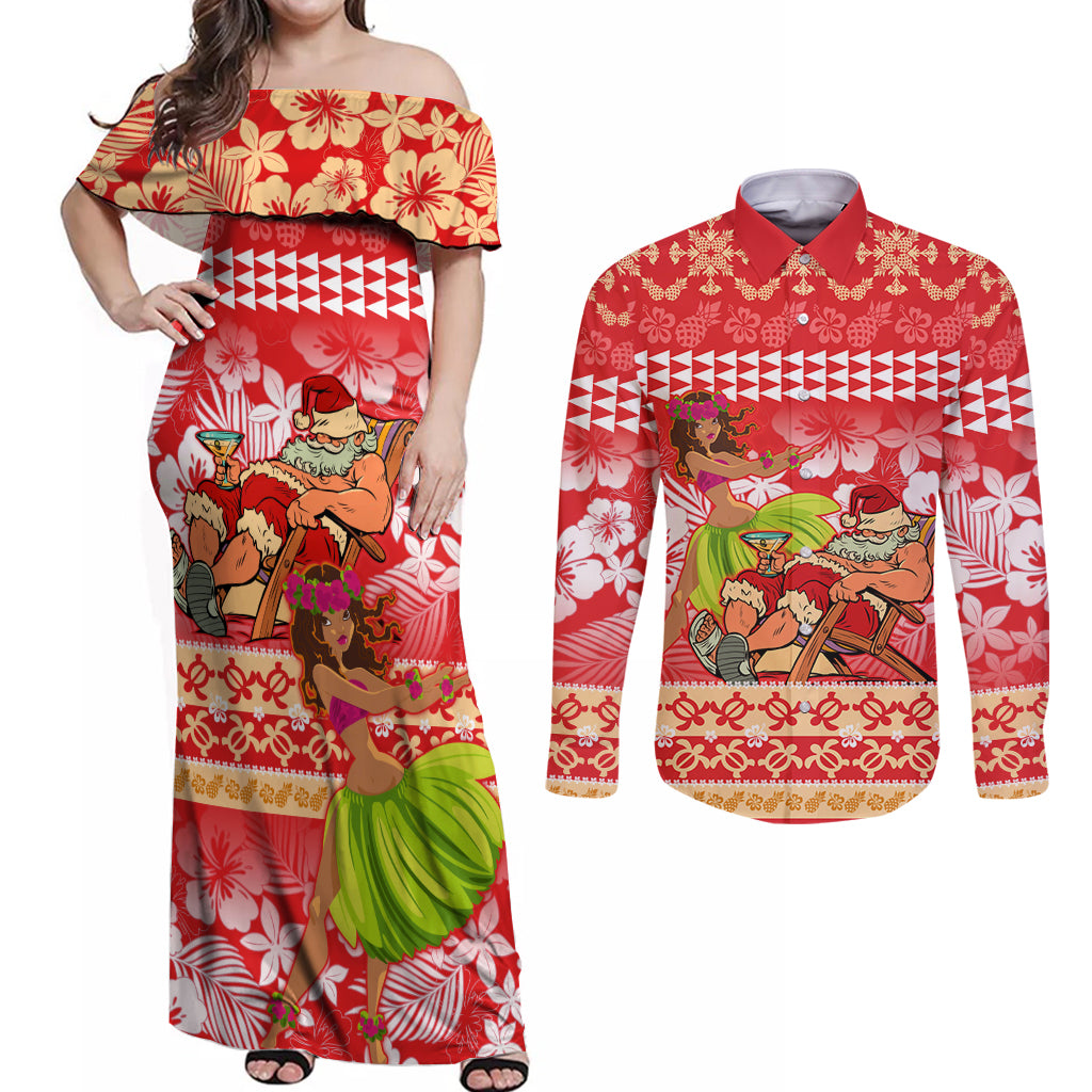 Personalised Hawaii Mele Kalikimaka Couples Matching Off Shoulder Maxi Dress and Long Sleeve Button Shirt Santa Claus and Hula Dancing Merry Christmas LT9 - Wonder Print Shop