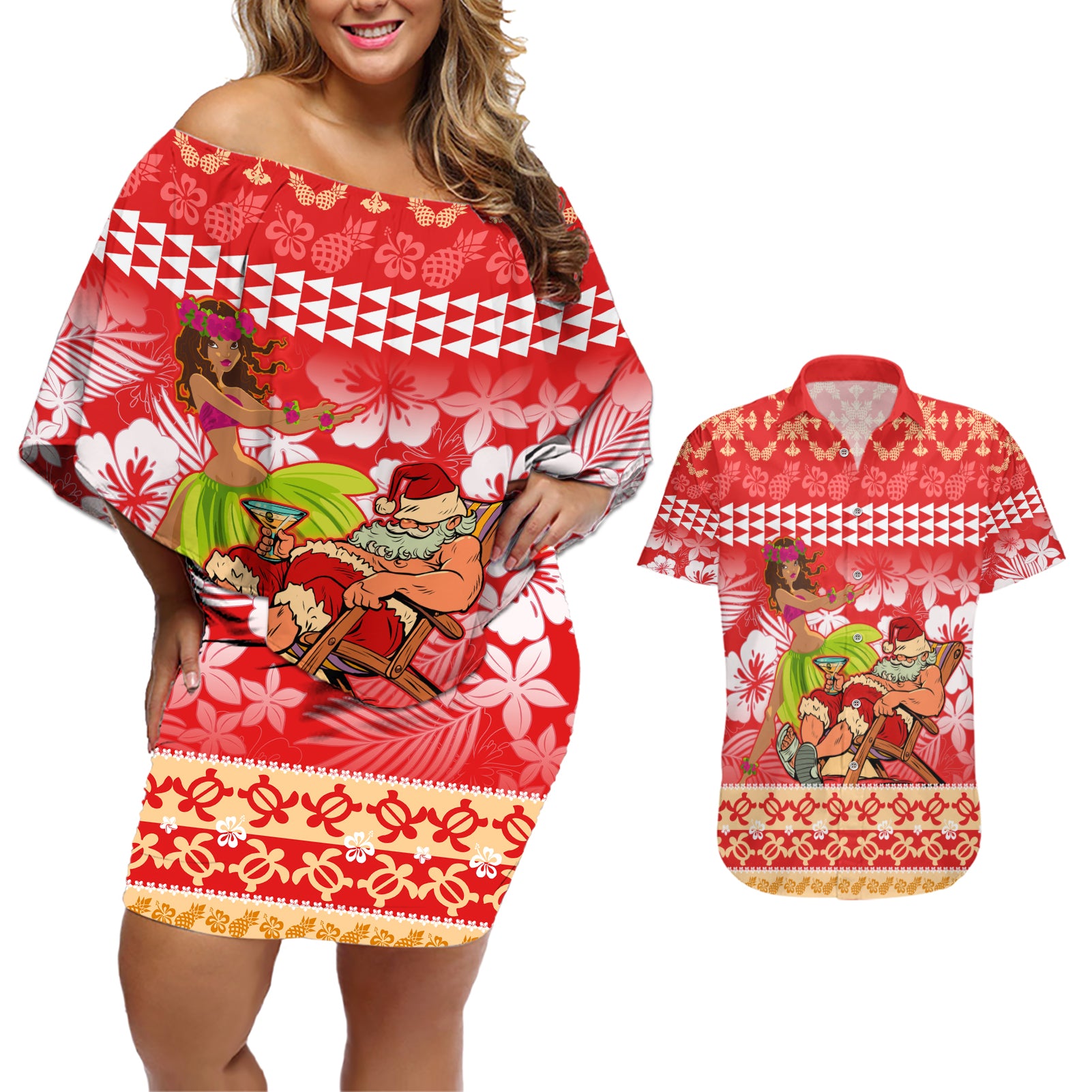 Personalised Hawaii Mele Kalikimaka Couples Matching Off Shoulder Short Dress and Hawaiian Shirt Santa Claus and Hula Dancing Merry Christmas LT9 - Wonder Print Shop