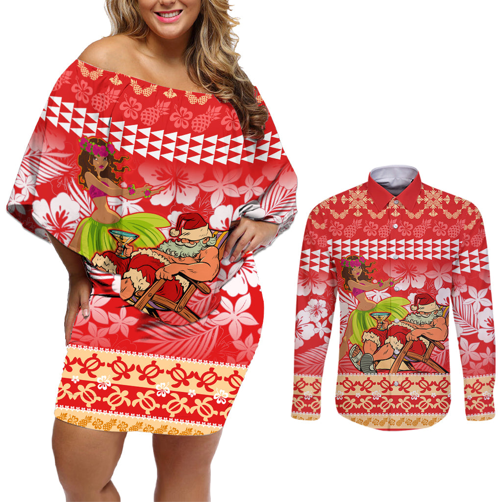 Personalised Hawaii Mele Kalikimaka Couples Matching Off Shoulder Short Dress and Long Sleeve Button Shirt Santa Claus and Hula Dancing Merry Christmas LT9 - Wonder Print Shop