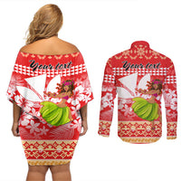 Personalised Hawaii Mele Kalikimaka Couples Matching Off Shoulder Short Dress and Long Sleeve Button Shirt Santa Claus and Hula Dancing Merry Christmas LT9 - Wonder Print Shop