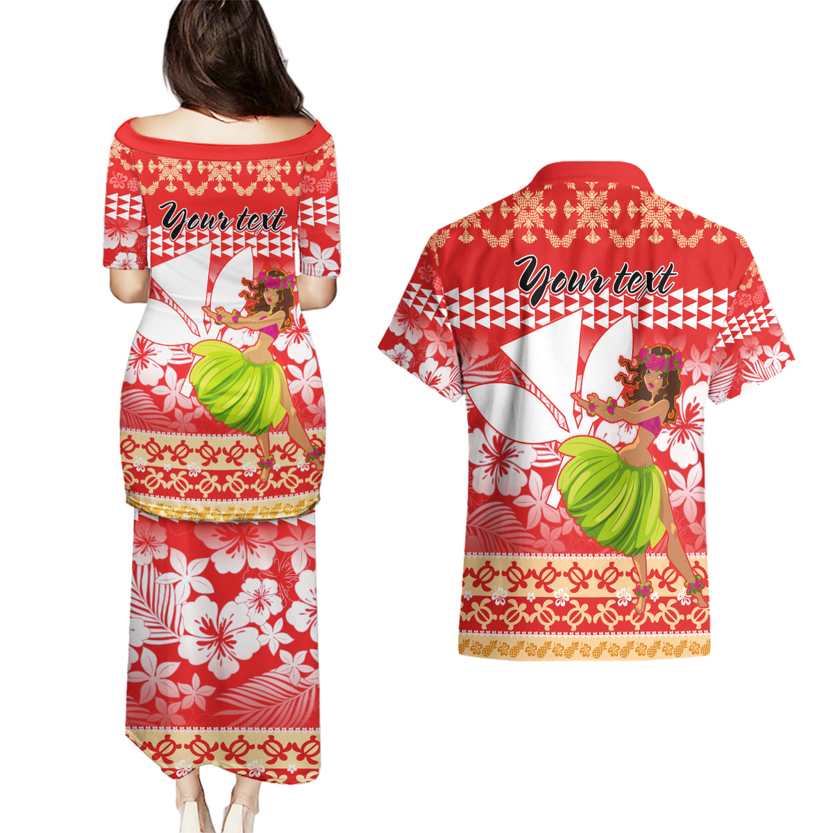 Personalised Hawaii Mele Kalikimaka Couples Matching Puletasi Dress and Hawaiian Shirt Santa Claus and Hula Dancing Merry Christmas LT9 - Wonder Print Shop