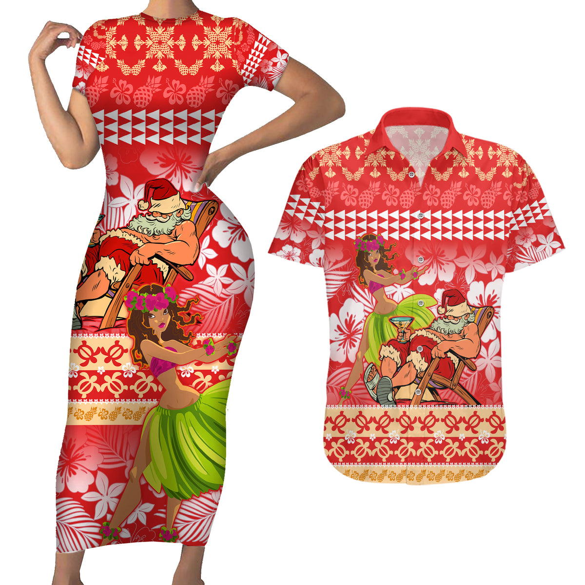 Personalised Hawaii Mele Kalikimaka Couples Matching Short Sleeve Bodycon Dress and Hawaiian Shirt Santa Claus and Hula Dancing Merry Christmas LT9 - Wonder Print Shop