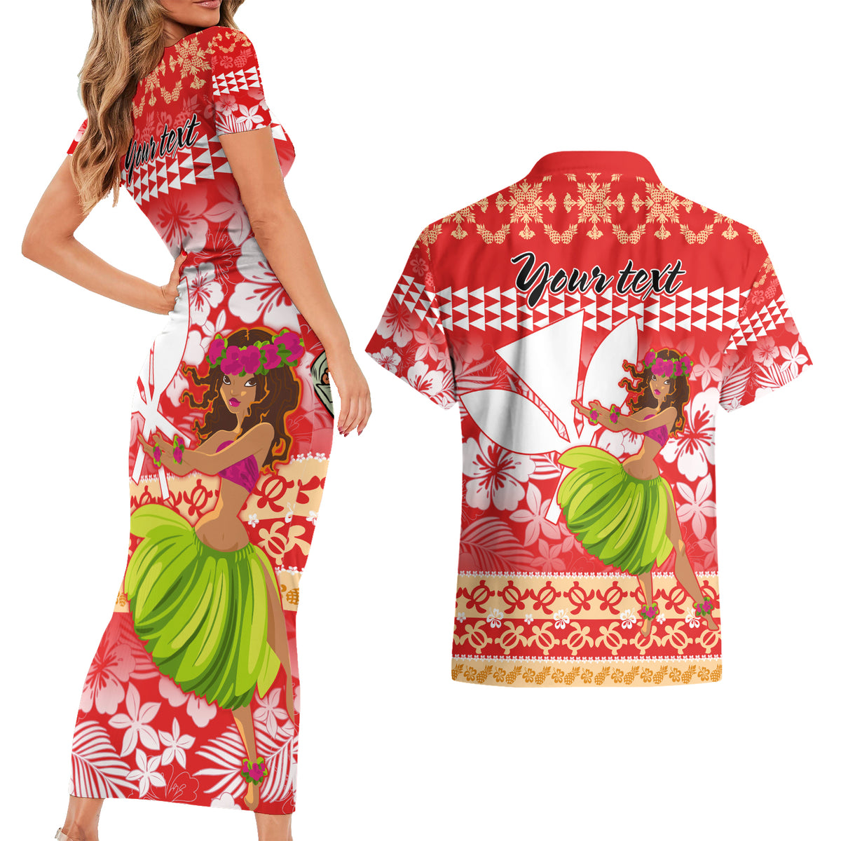 Personalised Hawaii Mele Kalikimaka Couples Matching Short Sleeve Bodycon Dress and Hawaiian Shirt Santa Claus and Hula Dancing Merry Christmas LT9 - Wonder Print Shop