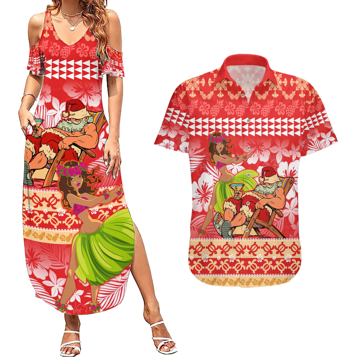 Personalised Hawaii Mele Kalikimaka Couples Matching Summer Maxi Dress and Hawaiian Shirt Santa Claus and Hula Dancing Merry Christmas LT9 - Wonder Print Shop